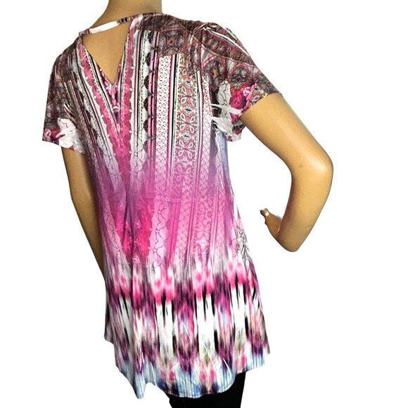 One World Womens Micro Jersey Printed Flutter Sleeve Embellished Keyhole Top - Picture 5 of 12